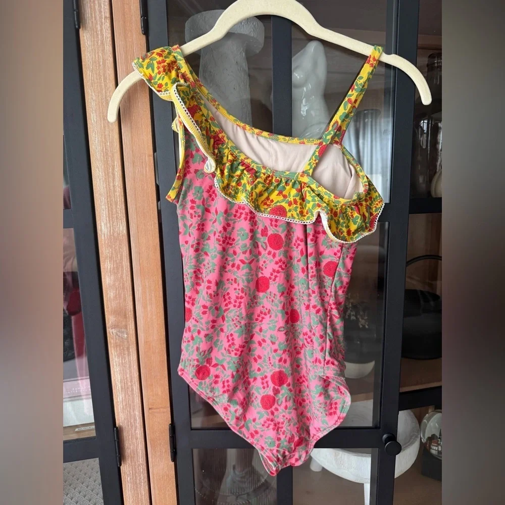 Roller Rabbit girls one piece swimsuit floral ruffle one shoulder block print